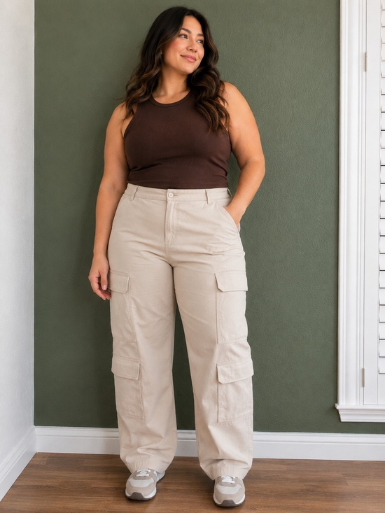 Divided Pants - Divided by H&M Women's Cargo Pants Size 12 Beige Utility Wide Leg Cotton